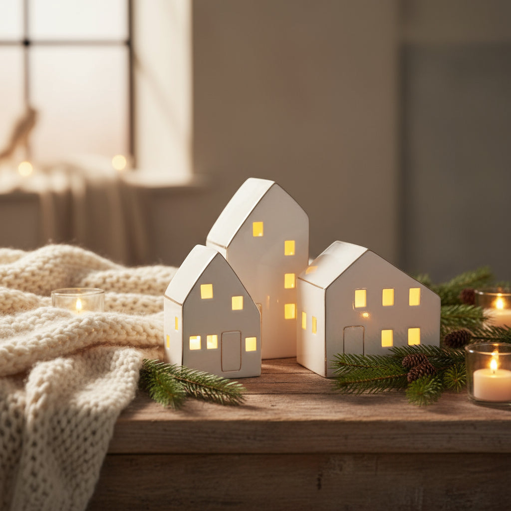 Tre hvite keramikkhus lyser varmt gjennom vinduene, mot en lys bakgrunn.