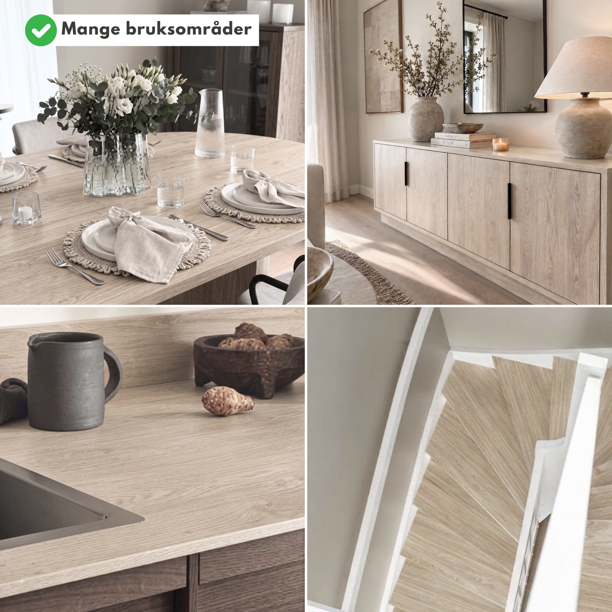 Bruksområder for Blond Oak kontaktplast: spisebord, skjenk, kjøkkenbenk og trappetrinn i lys eik