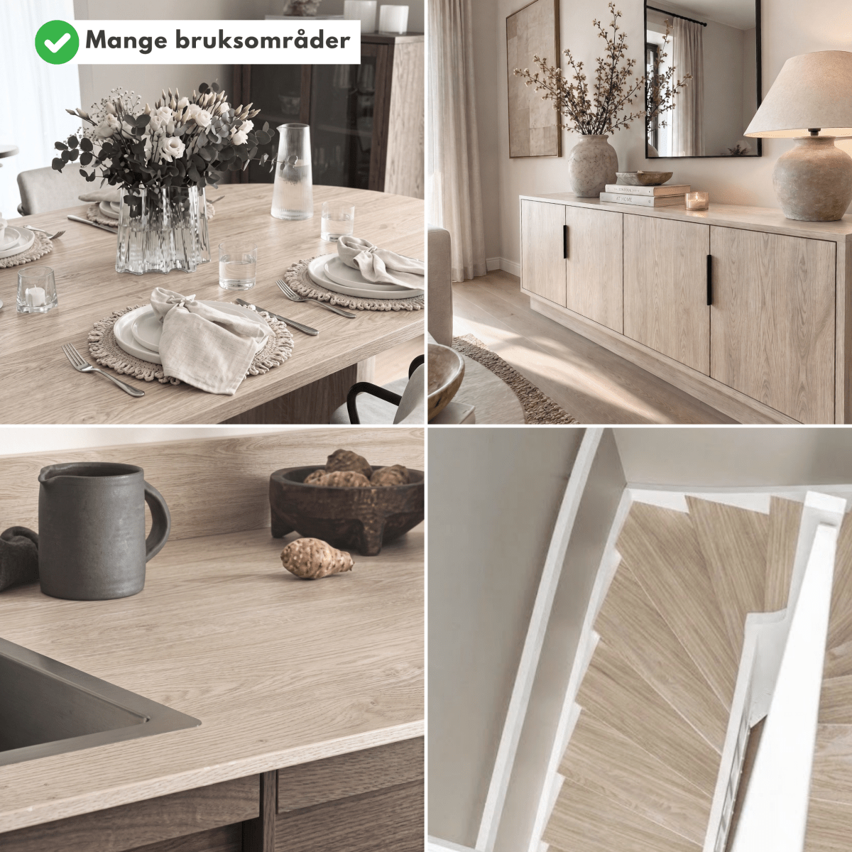 Bruksområder for Blond Oak kontaktplast: spisebord, skjenk, kjøkkenbenk og trappetrinn i lys eik