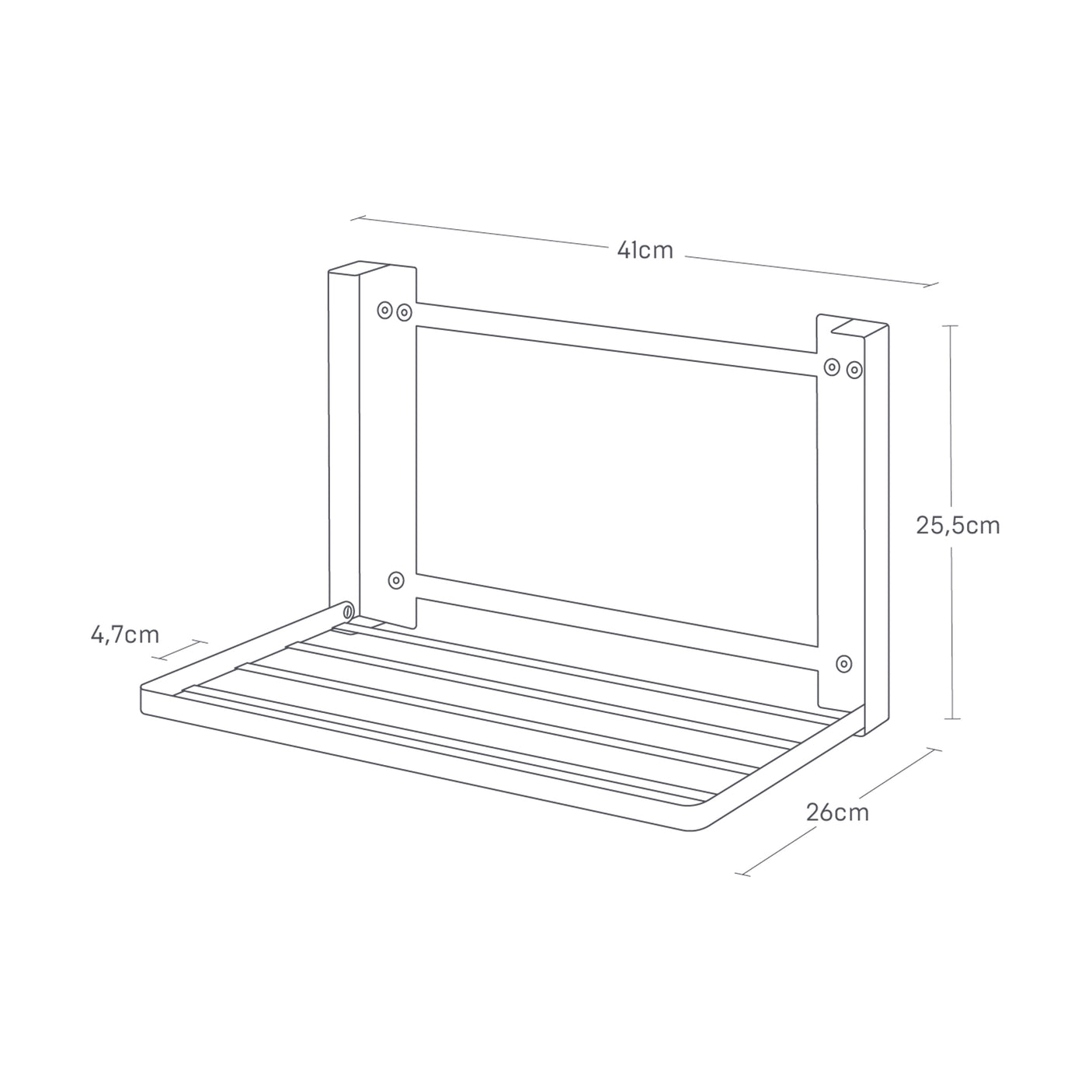 Detaljbilde av hvit vegghylle som brettes sammen.