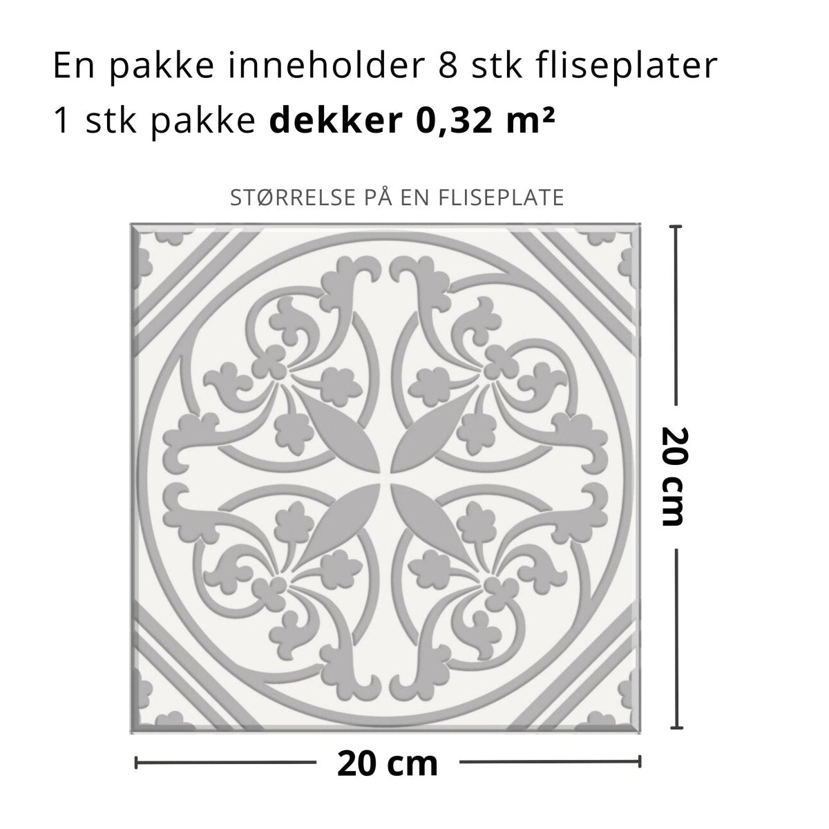 Nærbilde av Tavira antikk flis med ornament i grå og beige toner