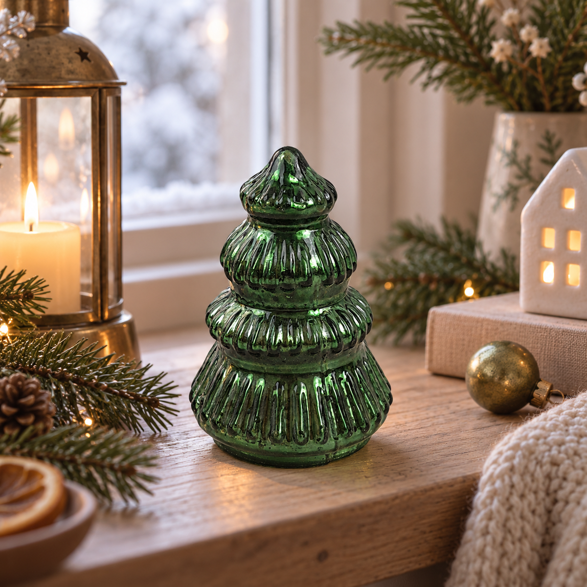 Grønt juletre i glass på trebord med lykt, granbar og lun julepynt