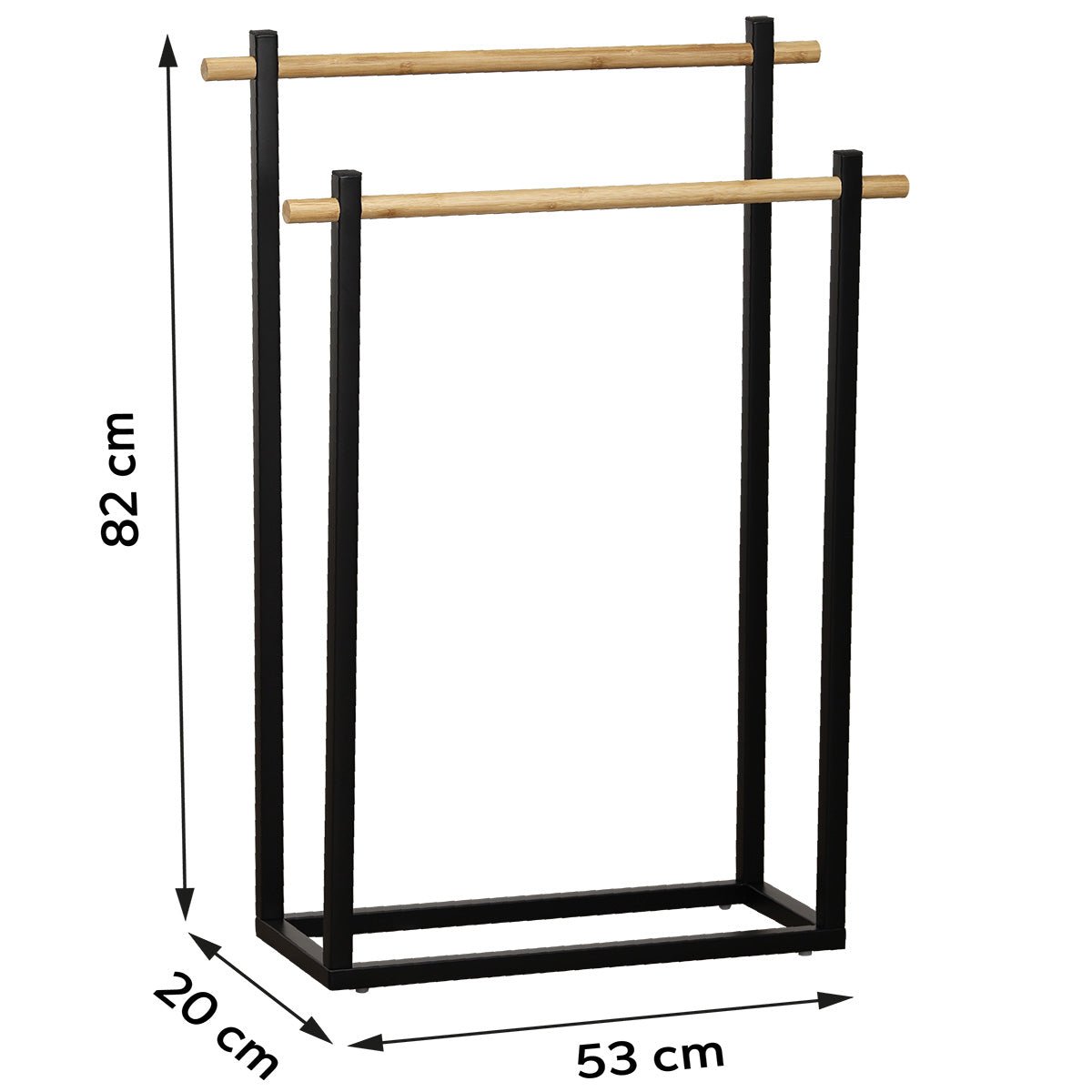 Måltegning af håndklestativ i sort med to bambusstænger: højde 82 cm, bredde 53 cm, dybde 20 cm