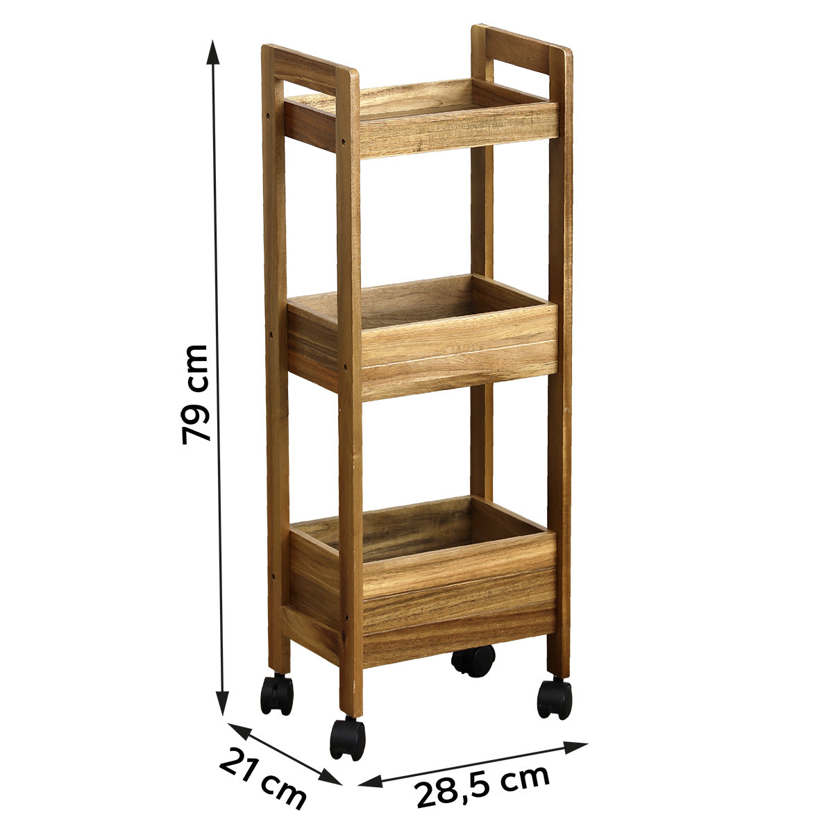 Måltegning av oppbevaringstralle på hjul i akasie med tre hyller: høyde 79 cm, bredde 28,5 cm, dybde 21 cm
