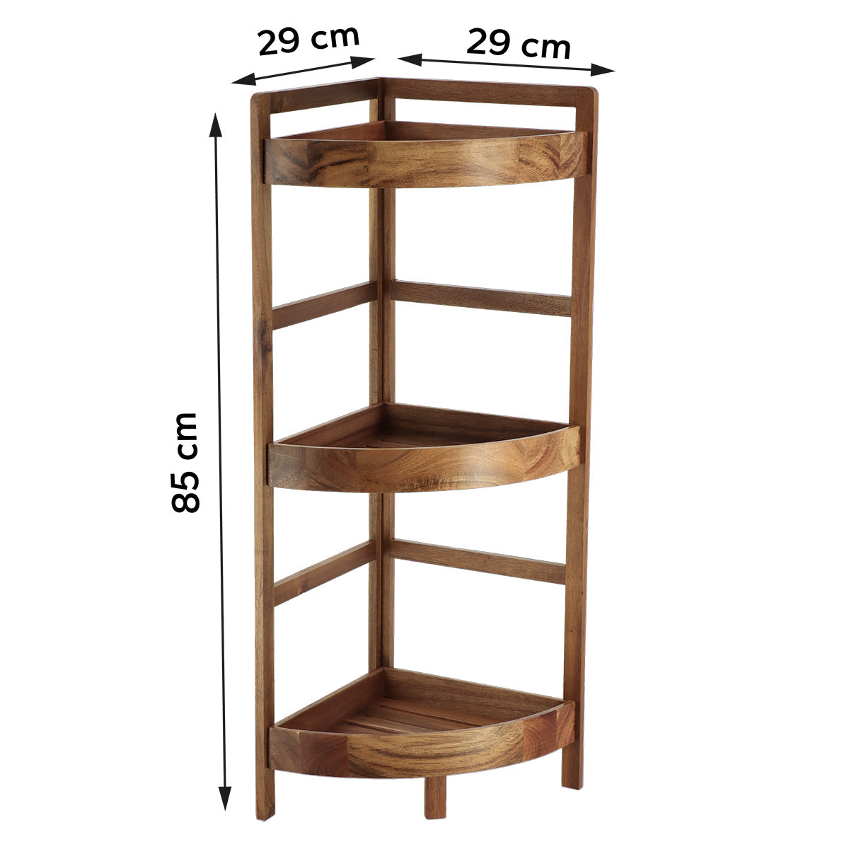 Måltegning av hjørneskap i akasie med tre hyller: høyde 85 cm, bredde 29 cm, dybde 29 cm
