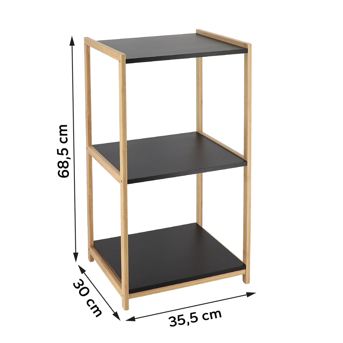 Målritning av bambusreol med hyllor i MDF: höjd 68,5 cm, bredd 35,5 cm, djup 30 cm