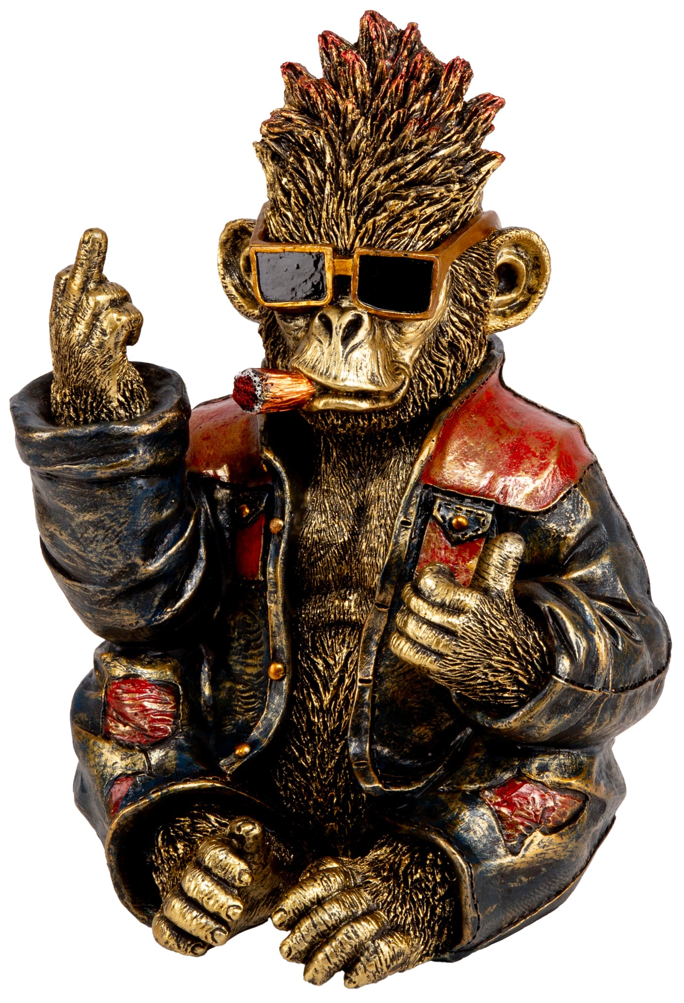 Dekorativ apefigur med solbriller, skinnjakke og sigar i rockestil