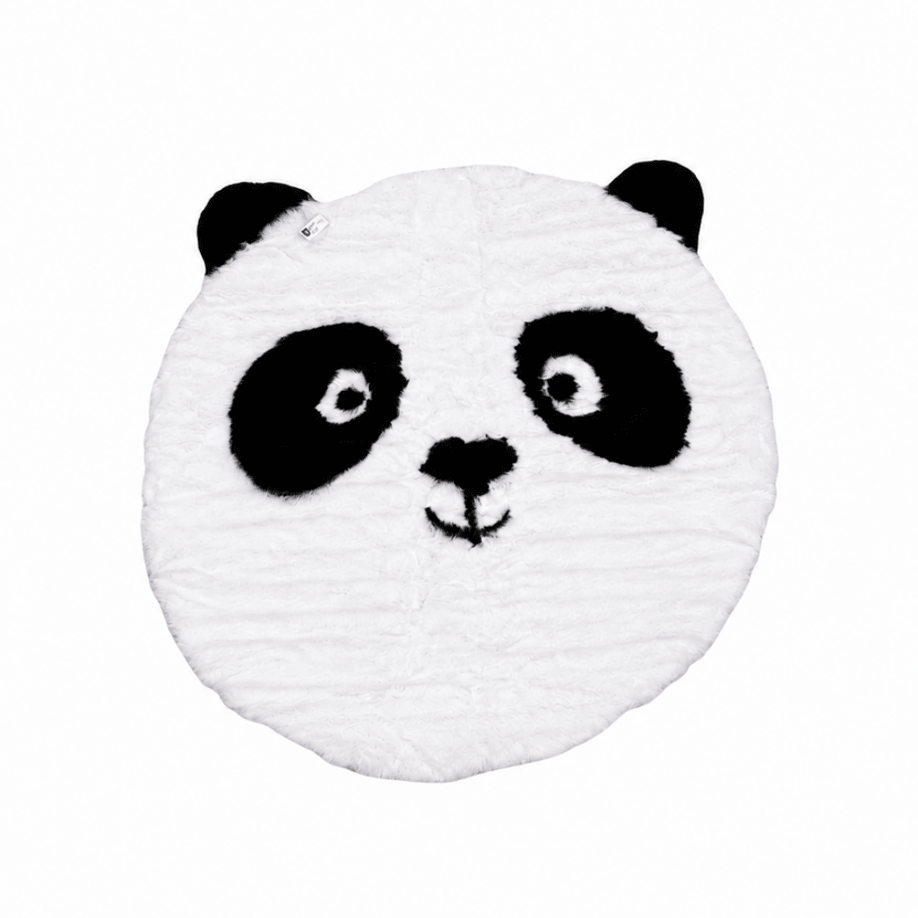 Rundt pandateppe i svart og hvitt med pandaansikt og utstikkende ører, mykt barneteppe i polyester med 100 cm diameter.