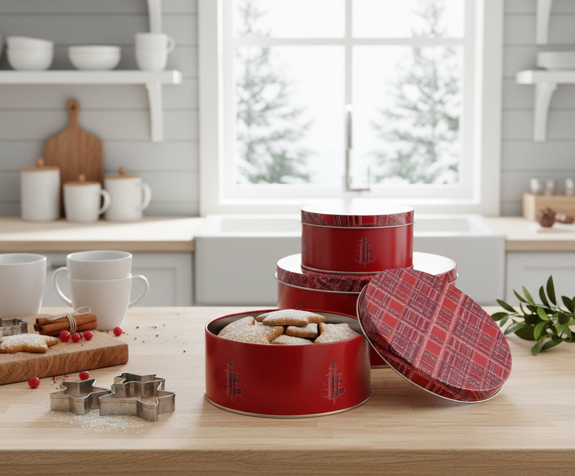 Dekorative julebokser i metall med lokk, rødt rutemønster og jule – ideelle til småkaker