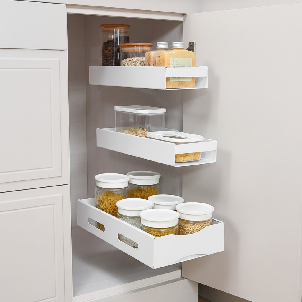 Smal uttrekkbar hylle til underskap og organisering på kjøkken