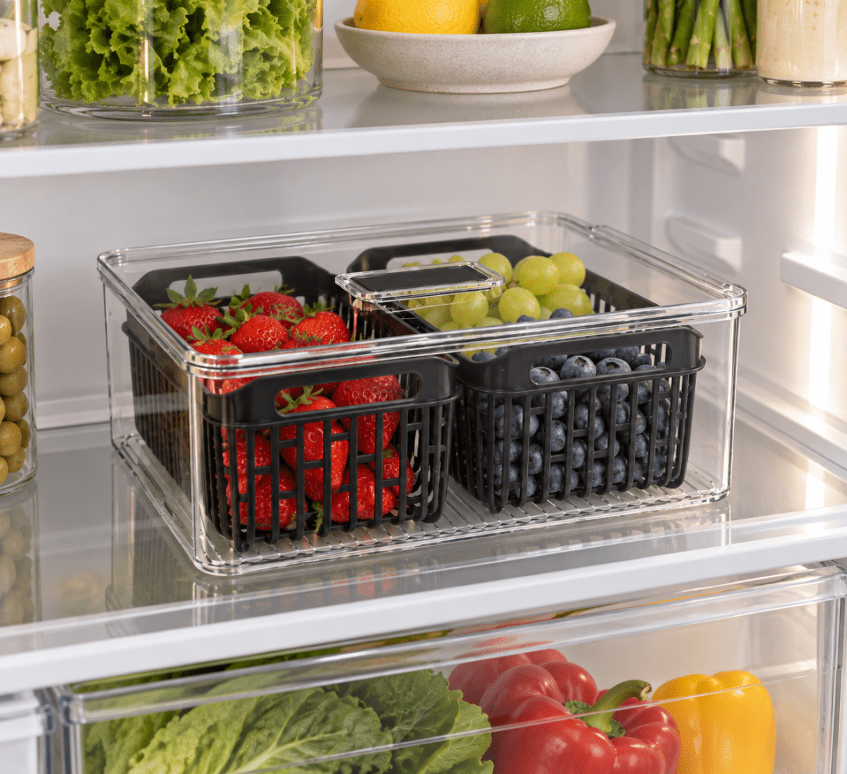 Kjøleskapsboks Tidy Fridge med 2 kurver, grå - Lindas Dekor Oppbevaringsboks til mat