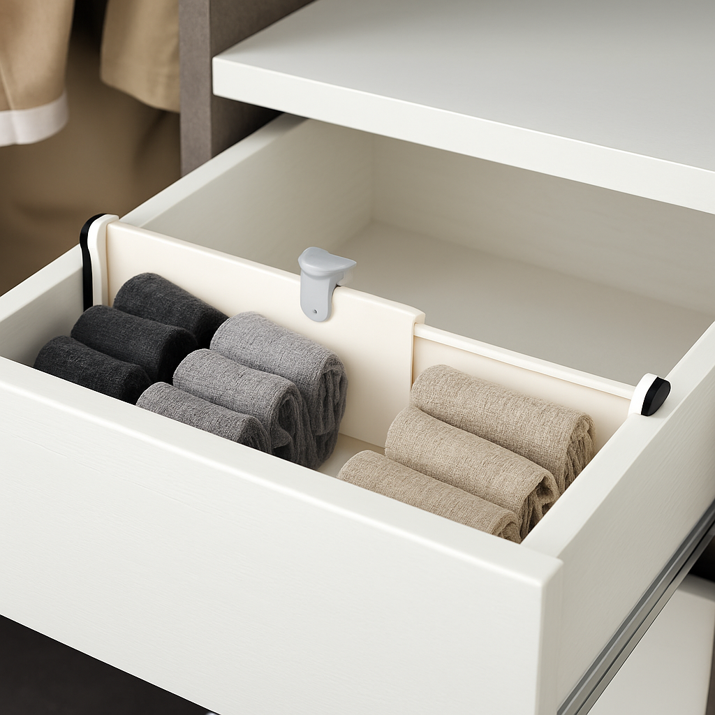 Justerbar skuffedeler i hvitt plast, fullt uttrekt 43 cm – minimalistisk produktbilde på hvit bakgrunn.