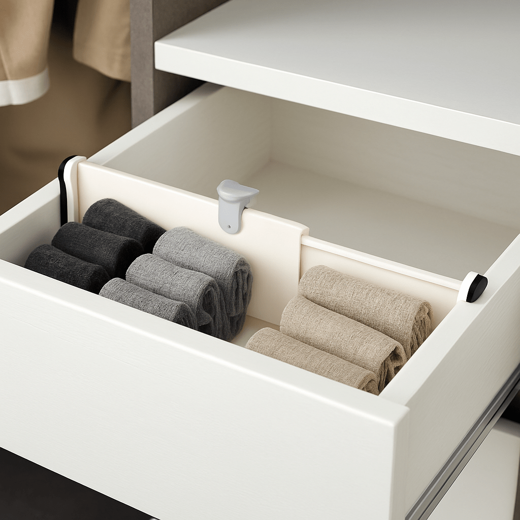 Justerbar skuffedeler i hvitt plast, fullt uttrekt 43 cm – minimalistisk produktbilde på hvit bakgrunn.