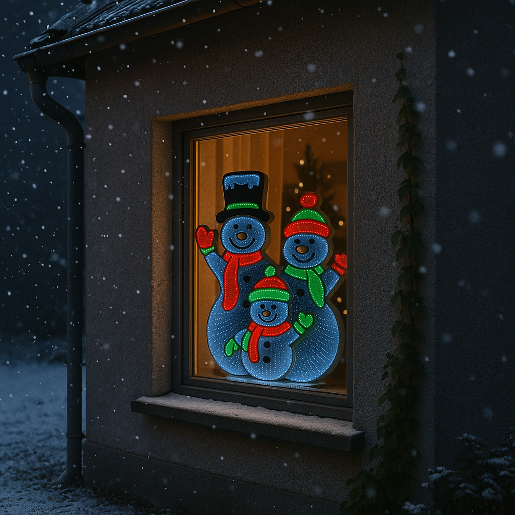 Glødende LED-snømenn i vindu en vinternatt – Infinity speil snømenn viser magisk 3D-effekt med snø og stemningslys.