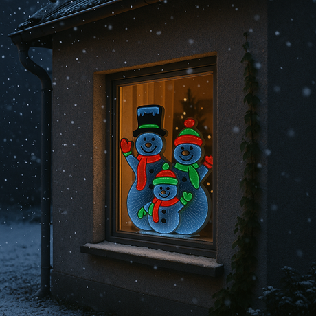 Glødende LED-snømenn i vindu en vinternatt – Infinity speil snømenn viser magisk 3D-effekt med snø og stemningslys.