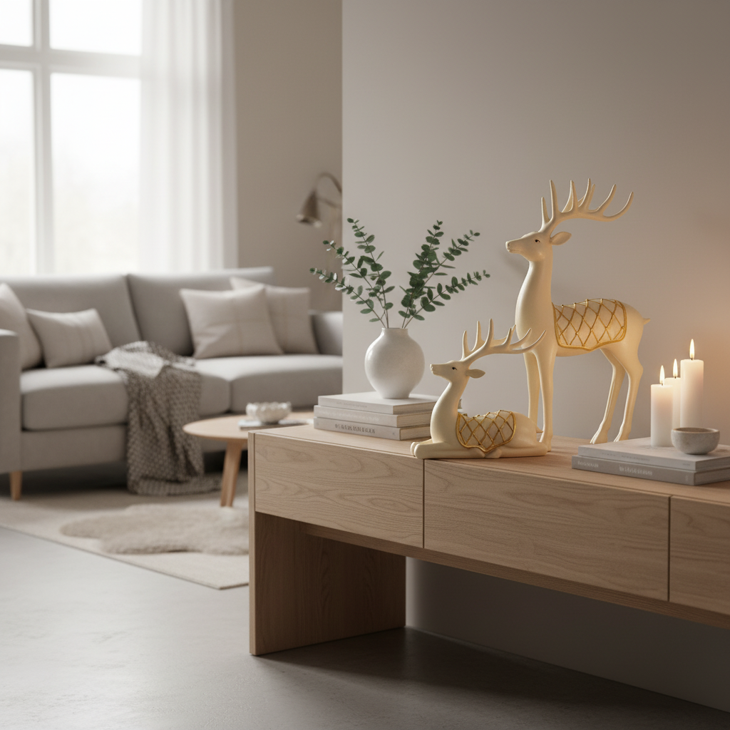 Reinsdyrfigurer i hvitt og gull på juledekket bord