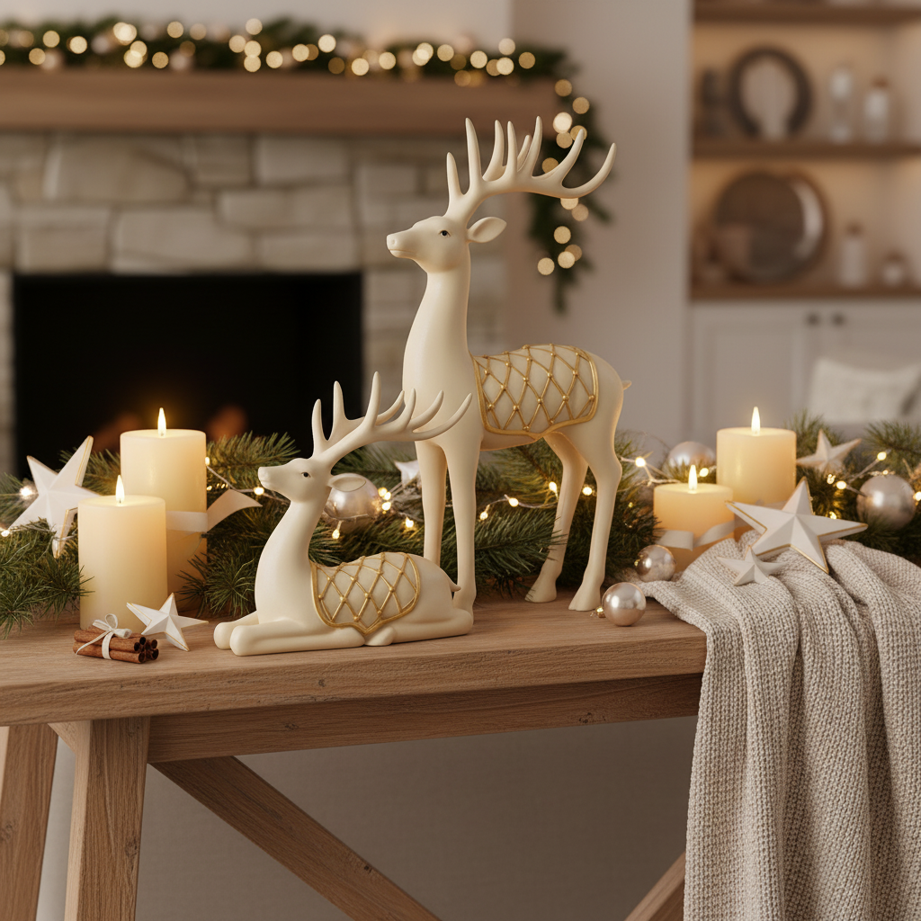 Dekorativt reinsdyrsett i polyresin med rutemønster