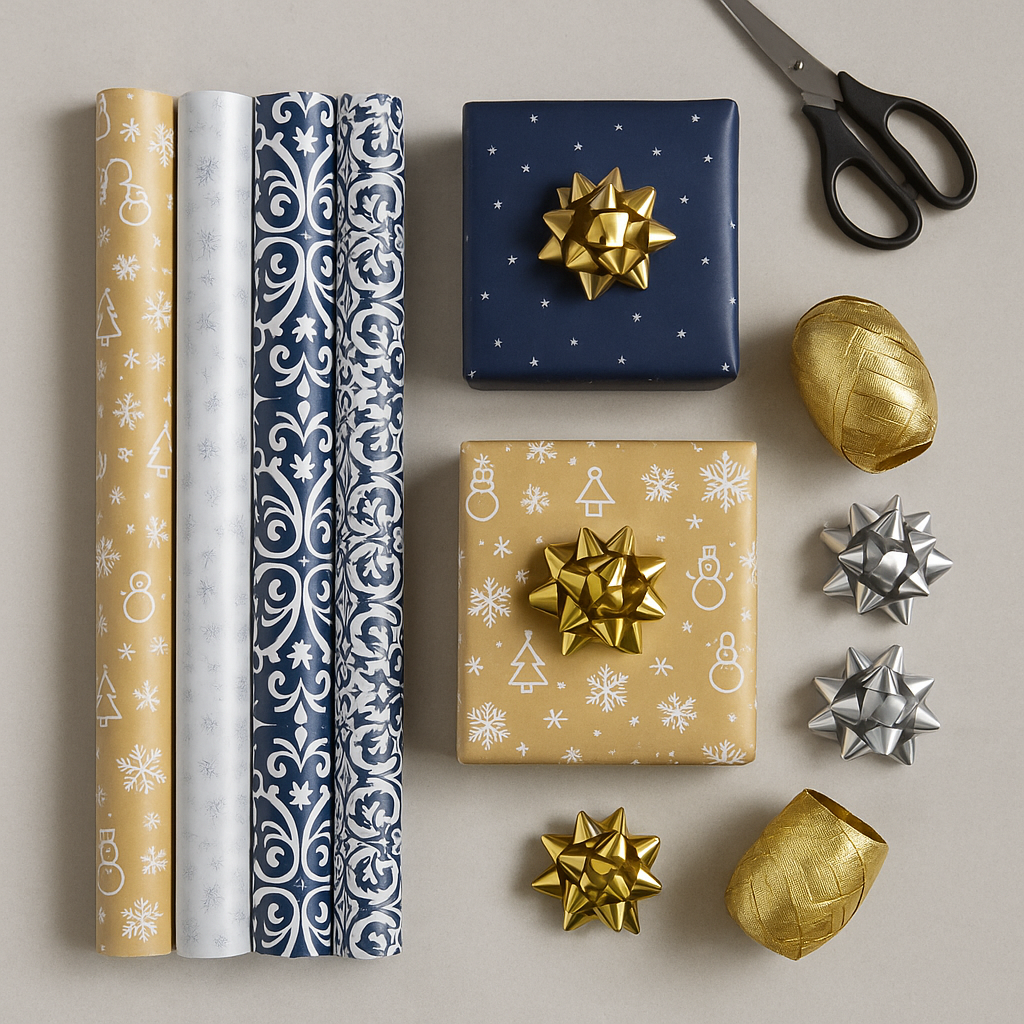 Ruller med julepapir i gull, hvitt og blått med matchende sløyfer og bånd, vist sammen med innpakkede gaver på grått bord.