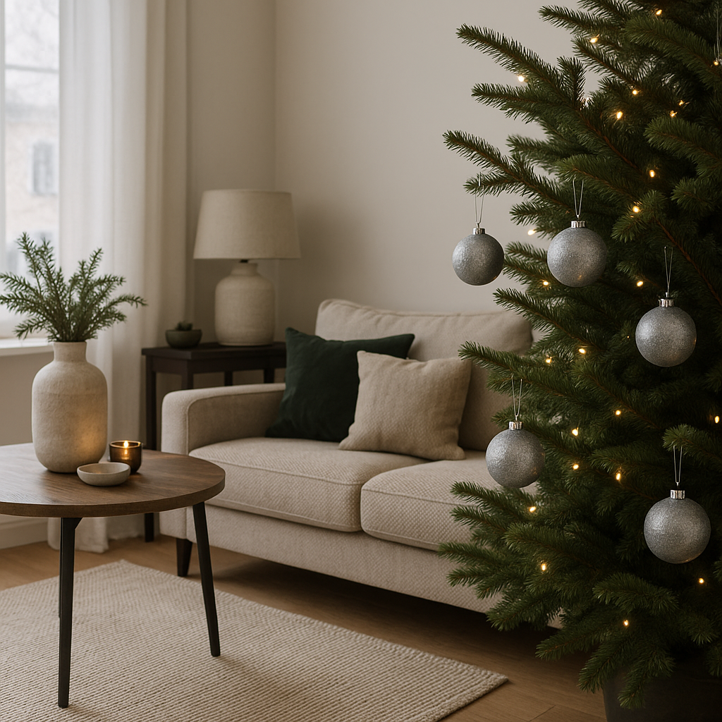 "Stue med juletre dekorert med Tozzia julekuler i sølvnyanser, beige sofa, grønne puter og varme julelys – moderne og stemningsfull jul.