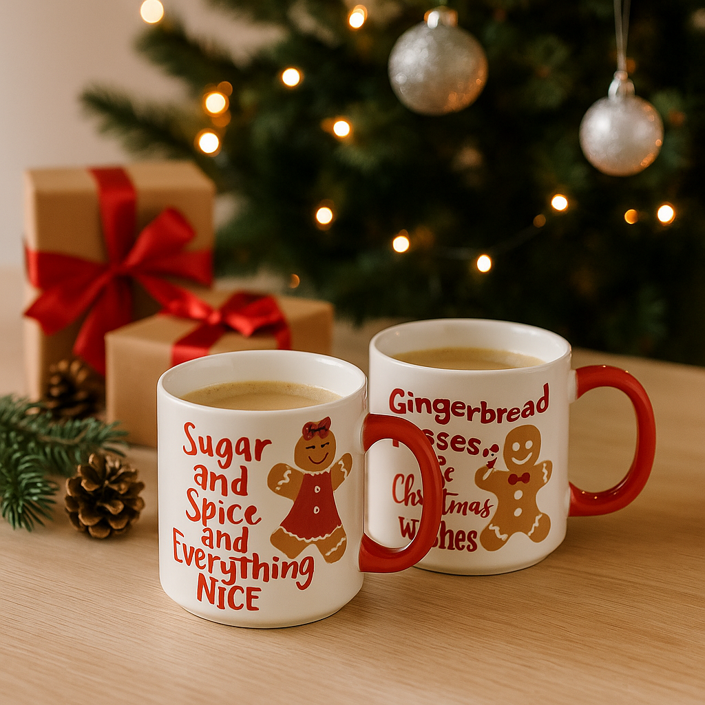 To røde julekopper i keramikk med pepperkake-design og tekster, plassert på trebord foran juletre med lys, gaver og julepynt.