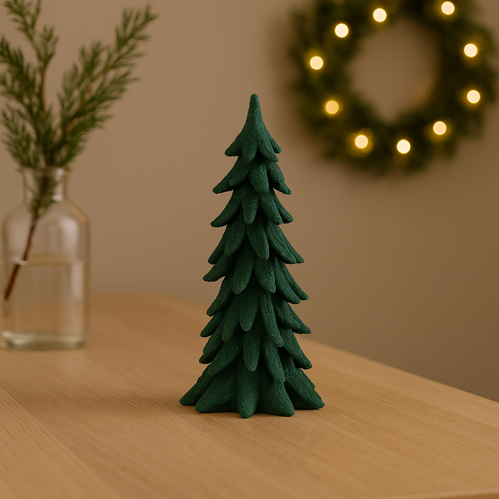 Dekorativt grønt juletre i stor størrelse med glitter, plassert på bord som julepynt med lyskrans i bakgrunnen.