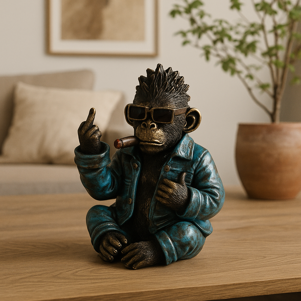 Apefigur i blå skinnjakke med solbriller og sigar plassert på trebord i moderne stue med sofa og potteplante i bakgrunnen