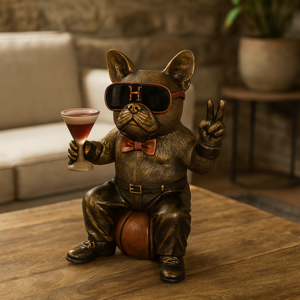 Hundefigur med solbriller, rød sløyfe og glass plassert på trebord i rustikk stue med steinvegg, sofa og varme naturtoner