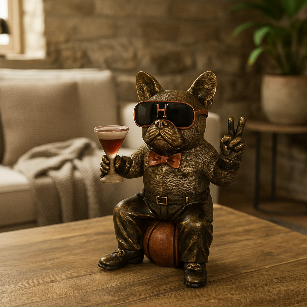 Hundefigur med solbriller, rød sløyfe og glass plassert på trebord i rustikk stue med steinvegg, sofa og varme naturtoner