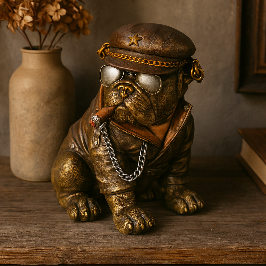 Bulldogfigur med hatt, solbriller, kjede og sigar plassert på trebord i rustikk stue med vase, bøker og varme fargetoner