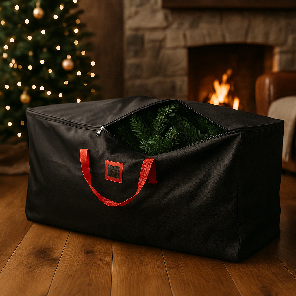 Ryddig oppbevaringsløsning for juletre, plassert blant pappesker under trebjelker på loftet.