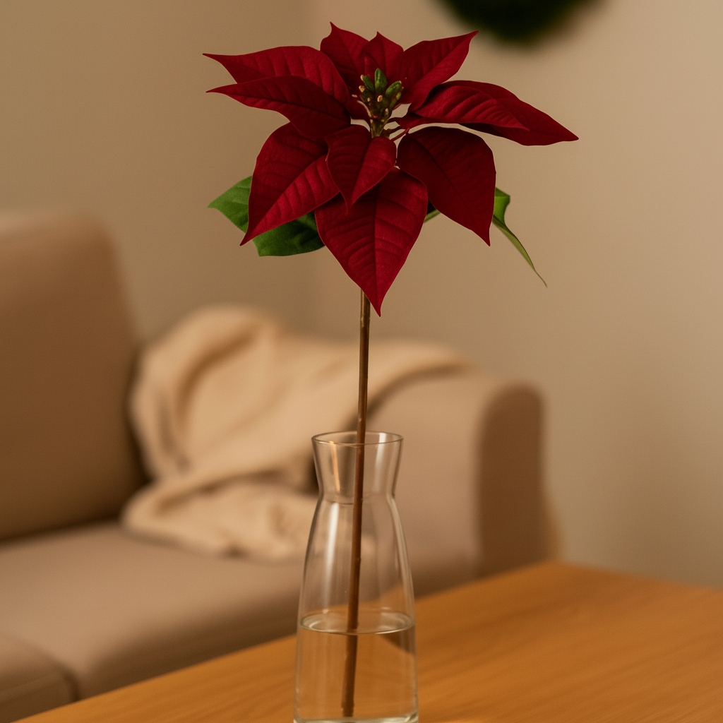 Kunstig julestjerne på 70 cm stilk i vase på stuebord, med dyp røde blader og grønt midtparti – elegant juledekorasjon.