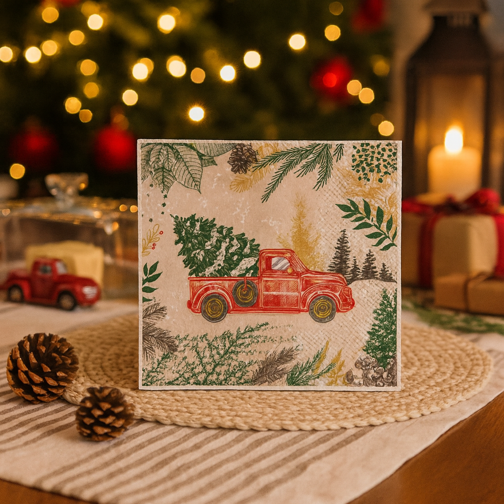 Serviett med motiv av rød lastebil og juletre liggende på et julepyntet bord med kongler, granbar og varme naturdetaljer.