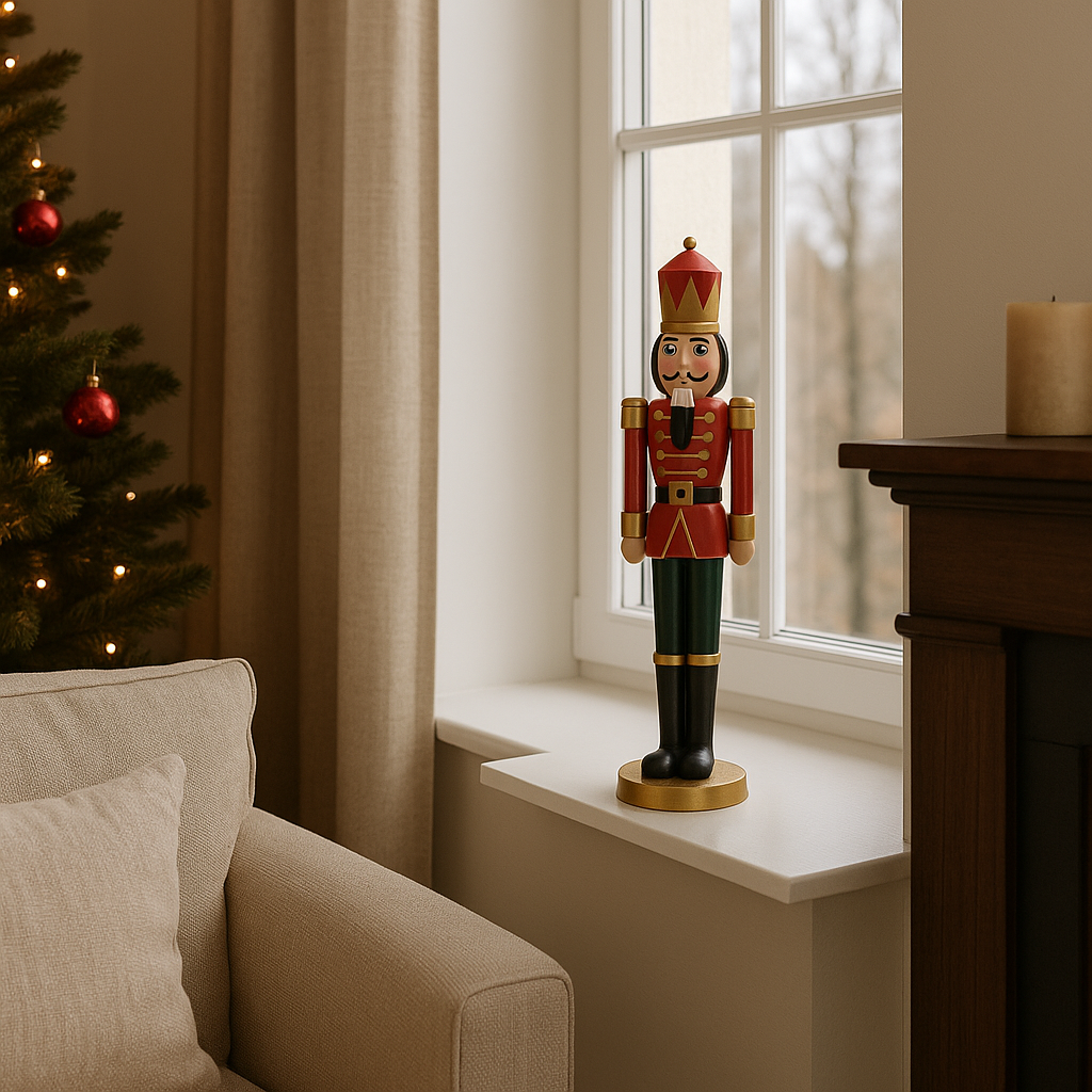 Nostalgisk tinnsoldat juledekorasjon i tradisjonelle farger.
