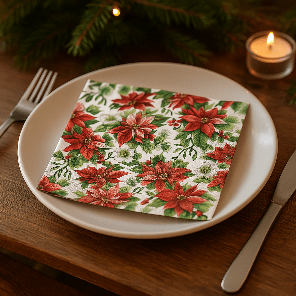 Serviet med motiv af røde julestjerner og grønne blade ligger på en tallerken i et julemiljø.