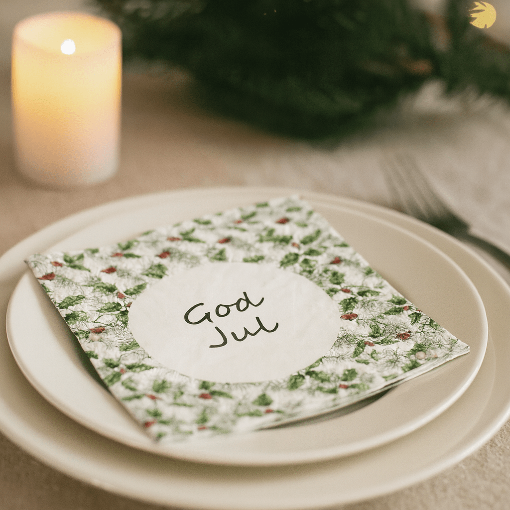 Servietten med texten «God Jul» ligger på tallriken omgiven av julgrönt och tända ljus.