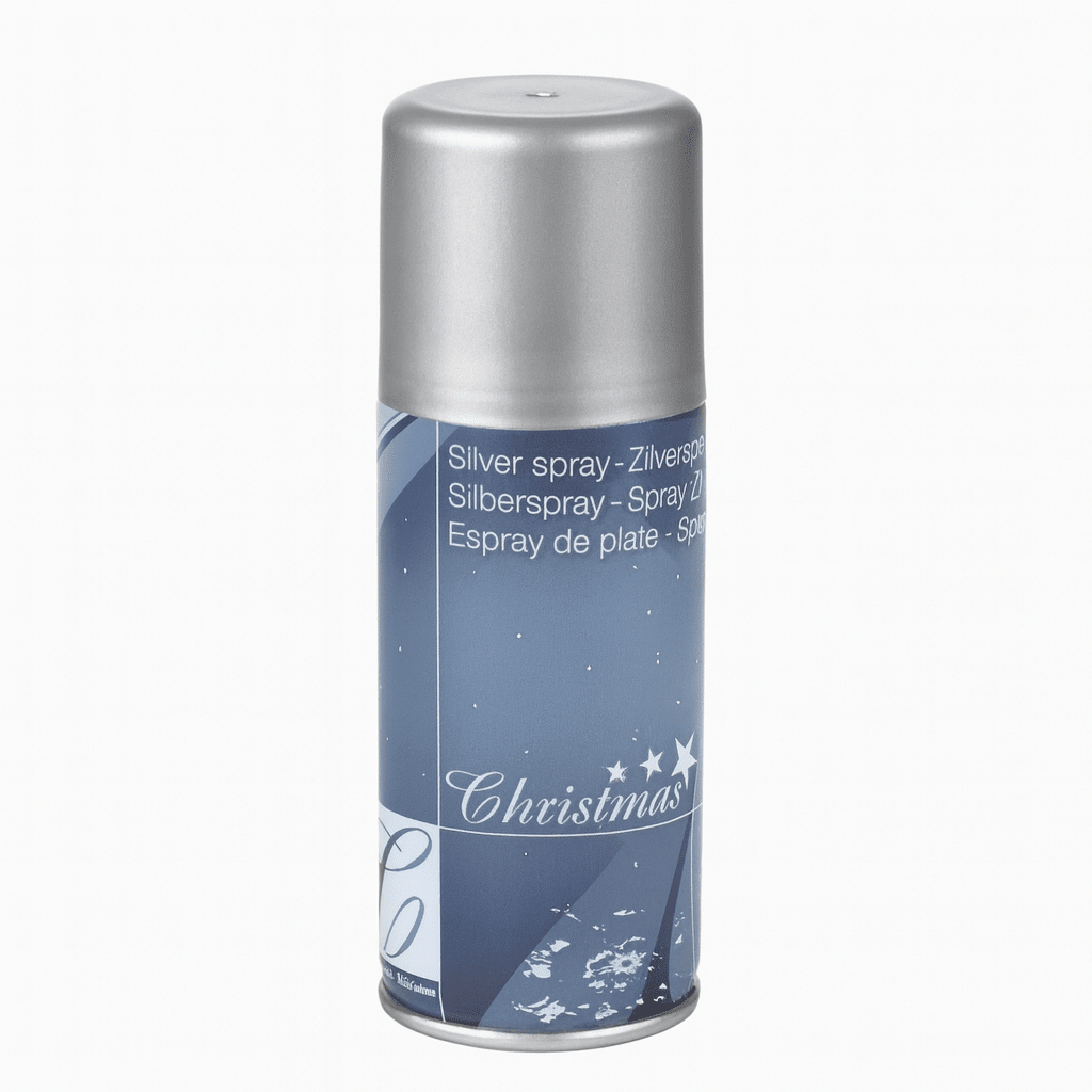 Flaske med dekorativ sølvspray 150 ml, stående på hvid baggrund.