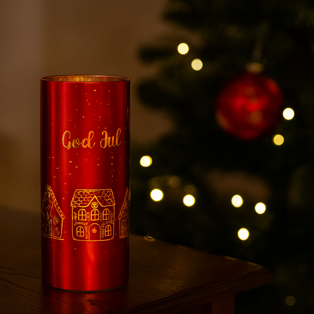 Rød LED-lykt med julemotiv og gyllent lys