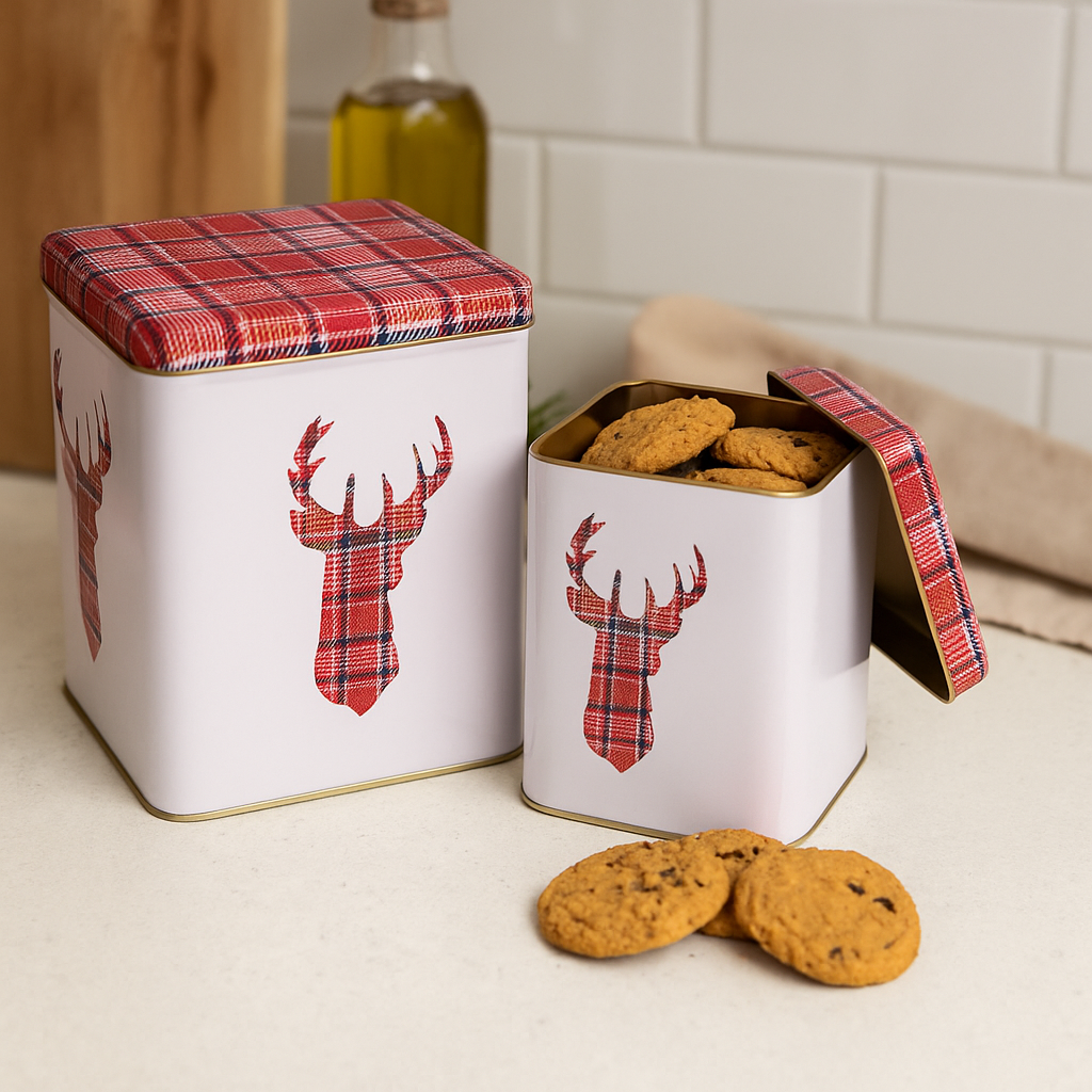 To beige metallbokser med rødt rutet hjortemotiv og matchende lokk, brukt som dekorativ oppbevaring i julen.