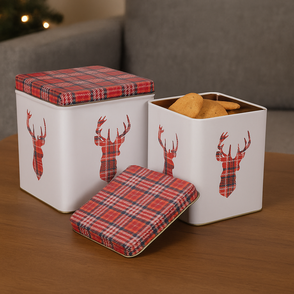 Juledekorative metallbokser med rødt rutet hjortemotiv, ideelle til oppbevaring av småkaker og julekaker.