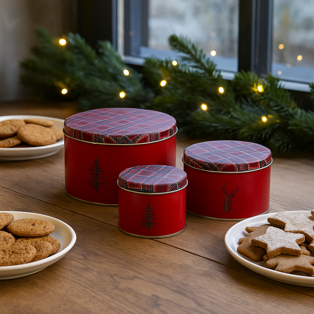 Oppbevaringsbokser i rødt metall med rutemønster, sett á 3 størrelser – ideelle til småkaker og konfekt.