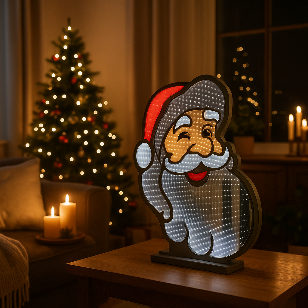 Infinity speil med nisseansikt og LED-lys plassert på et sidebord i en koselig stue med juletre og julepynt i bakgrunnen.