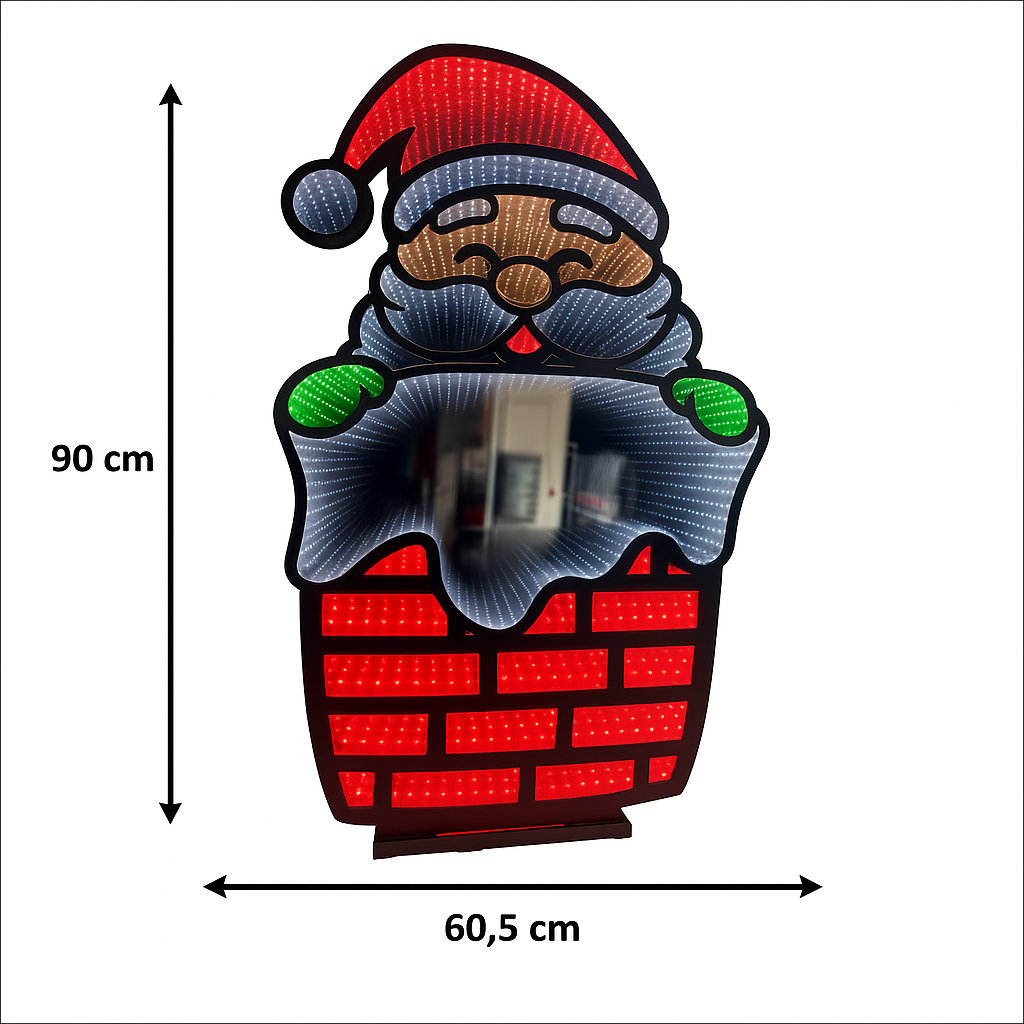 Julenisse-dekorasjon i pipe med LED-lys. Produktet er vist på hvit bakgrunn med mål: 90 cm høyde, 60,5 cm bredde markert med piler.
