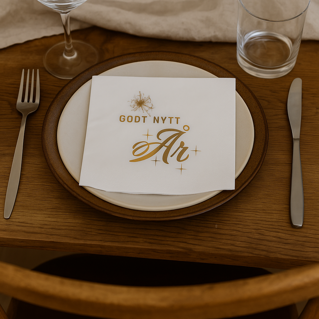 Pakke med 20 servietter Godt Nytt År – hvite lunsjservietter med gullfolie-trykk, pakket i plastemballasje. Perfekte til nyttårsfeiring og fest.