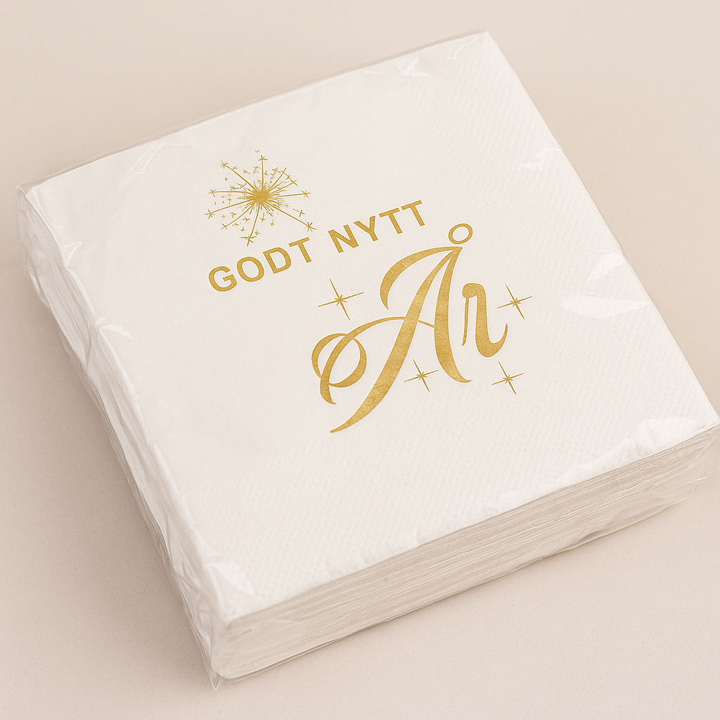 Dekorativ serviett med elegant "Godt Nytt År"-trykk i gullfolie.