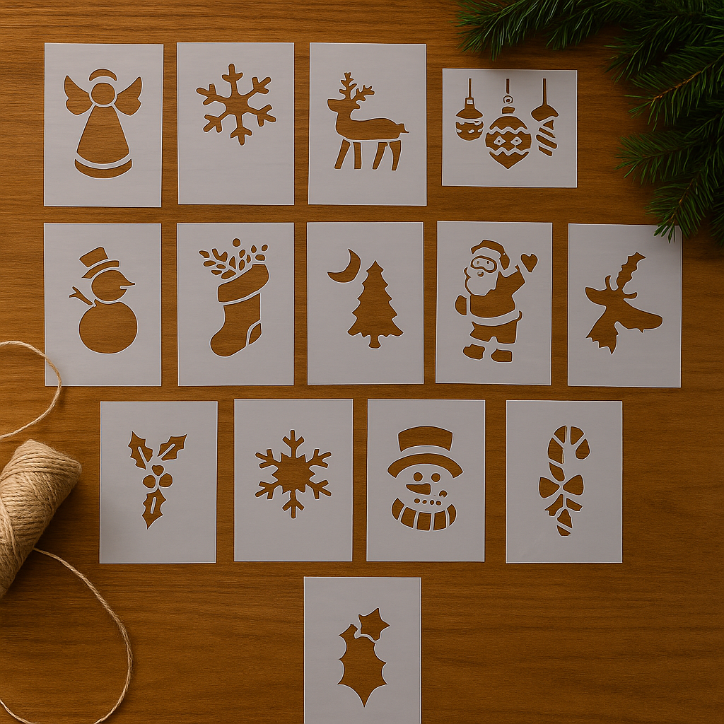 Sett med julesjablonger på bord – engel, snøfnugg, reinsdyr, julekuler, snømann, julestrømpe, juletre, julenisse, kristtorn, sukkertøystang