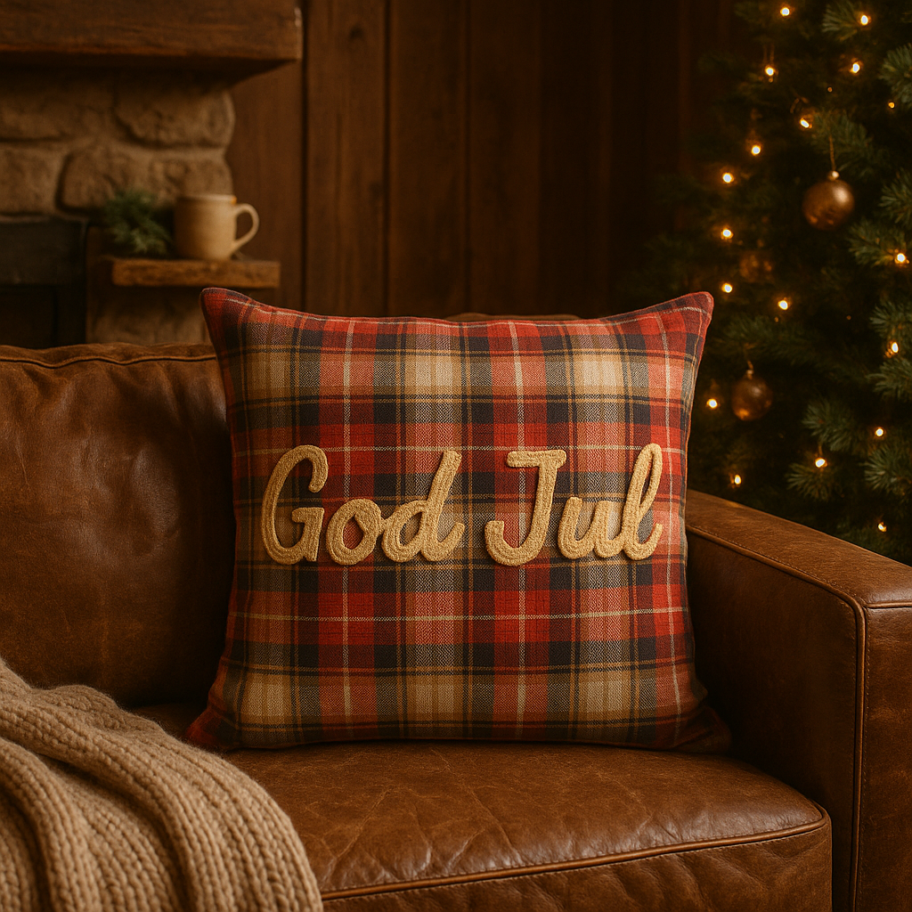 Rødrutete julepute med teksten "God Jul" i sofa, med pyntet bord, tente lys og juletre i bakgrunnen.