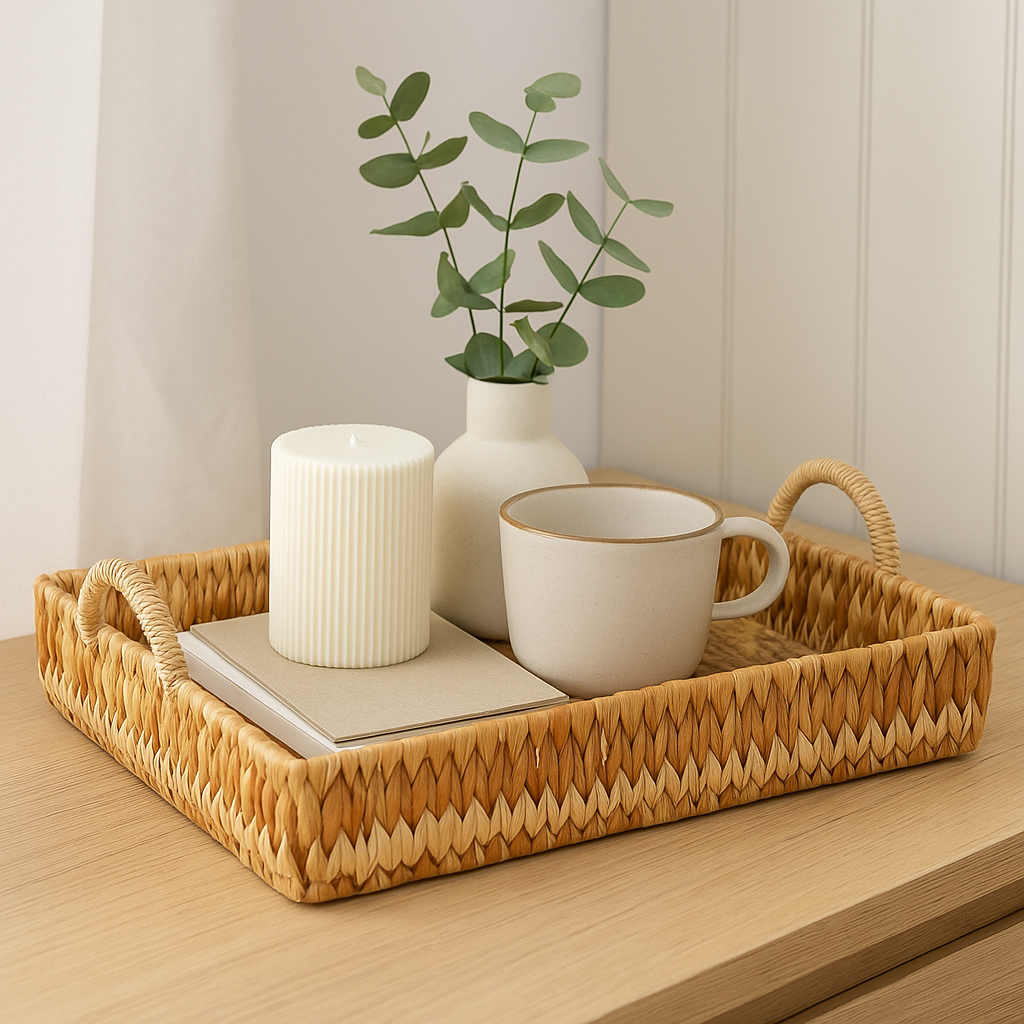 Håndlaget brett i flettet sjøgress plassert på bord med planter