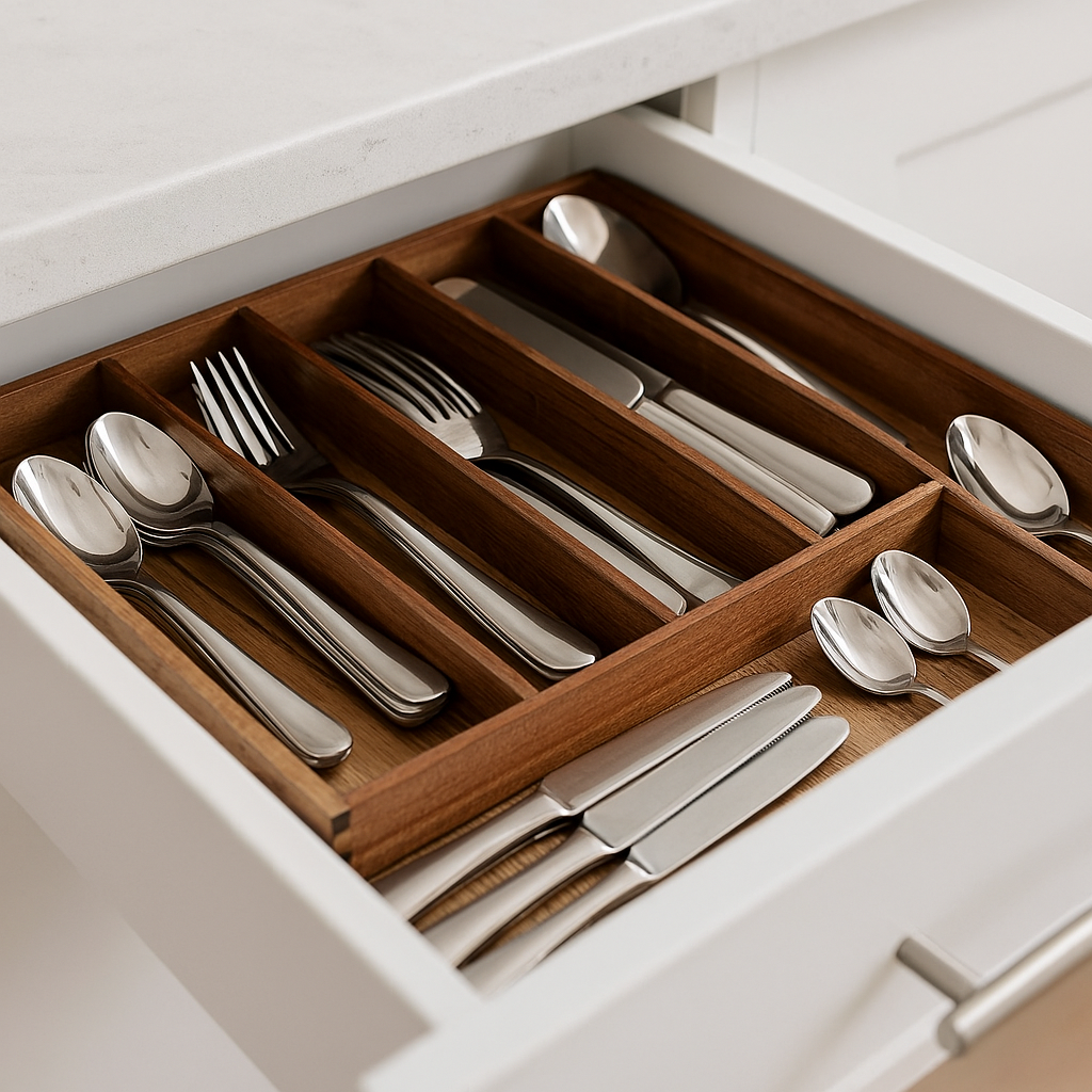 Elegant bestikkskuff i tre med justerbar bredde 28-45 cm for alle skuffestørrelser