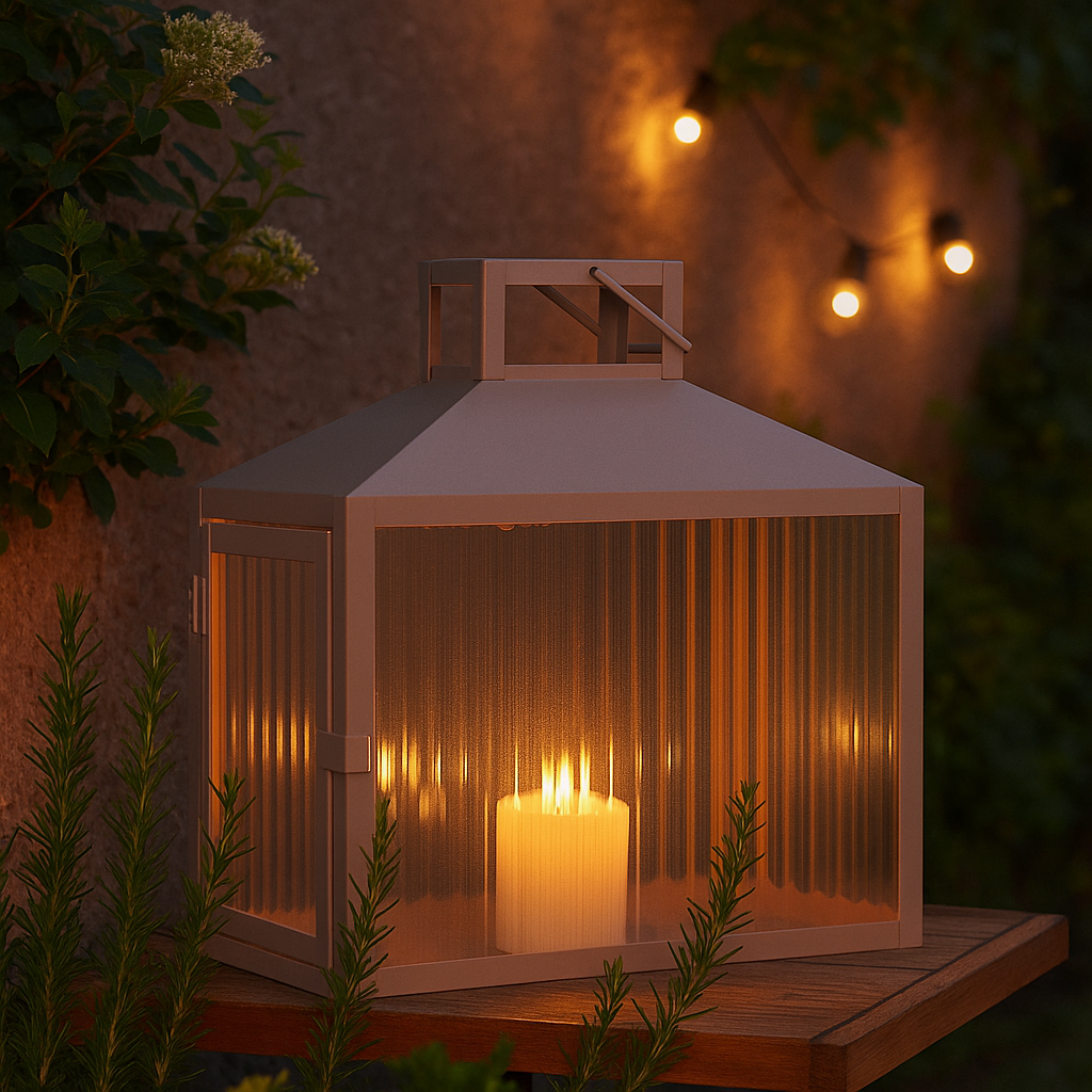 Beige lanterne i metall og glass med levende lys, plassert utendørs i hagen en sommerkveld.