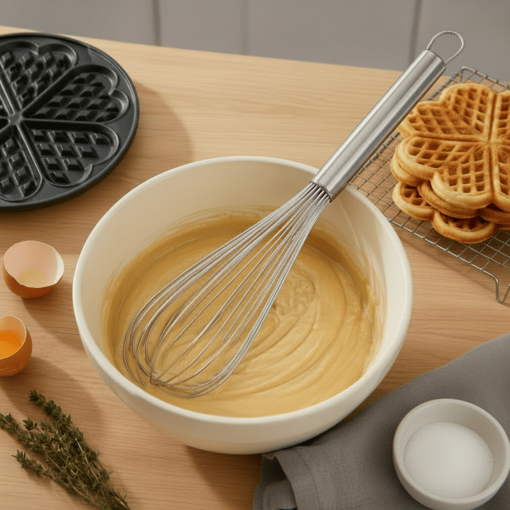 Ballongvisp i rustfritt stål lagt i en bolle med lys røre, omgitt av bakeingredienser på lys kjøkkenbenk. - Lindas dekor